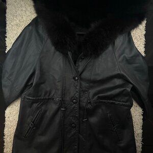 Yudofsky Real Fur Hooded Coat Black sheepskin Leather Medium Red Kid USA